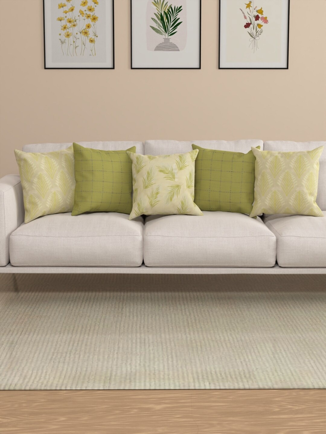 

ROSARA HOME Mellisa Lime Green & Cream Colour 5 Pieces Floral Square Cushion Covers