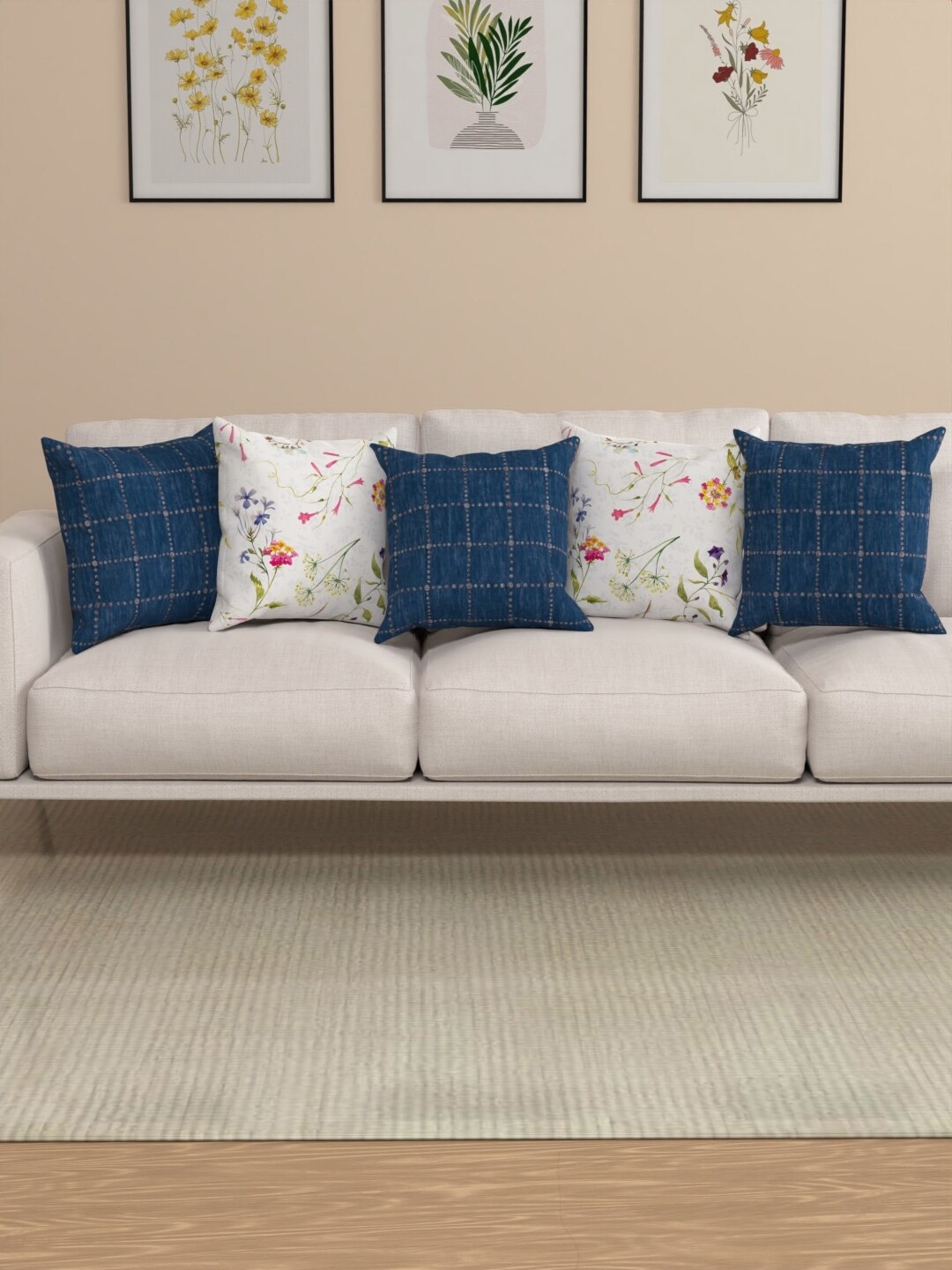 

ROSARA HOME Ursula Blue & White 5 Pieces Floral Square Cushion Covers