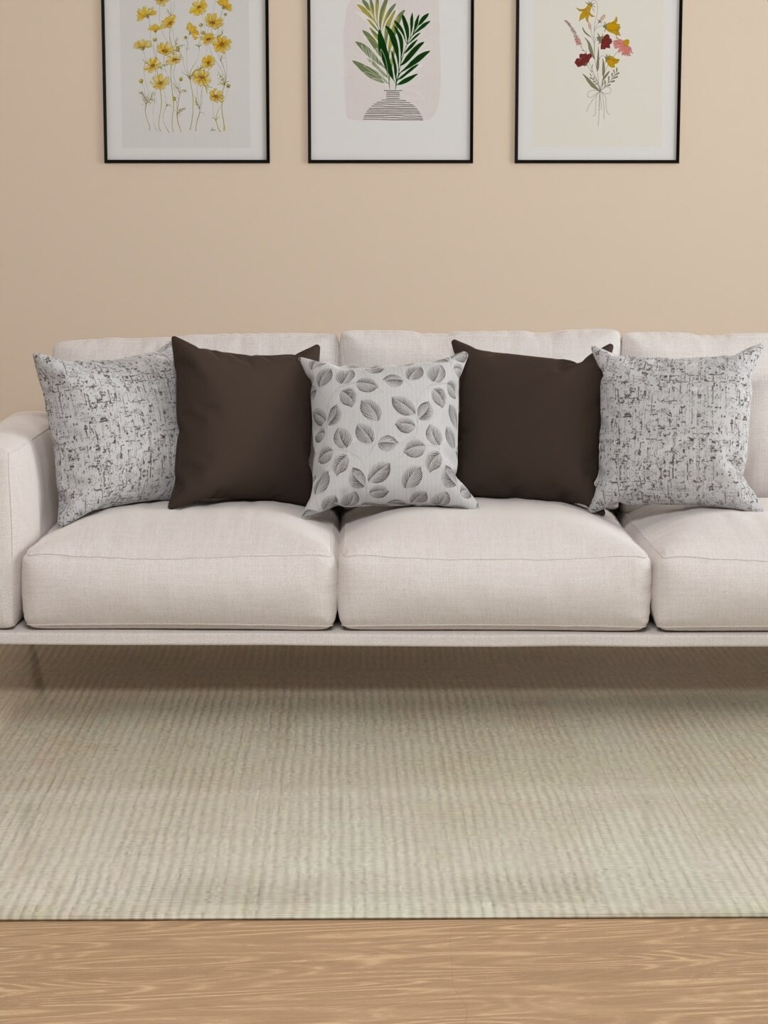 

ROSARA HOME Sarah Brown & White 5 Pieces Floral Square Cushion Covers