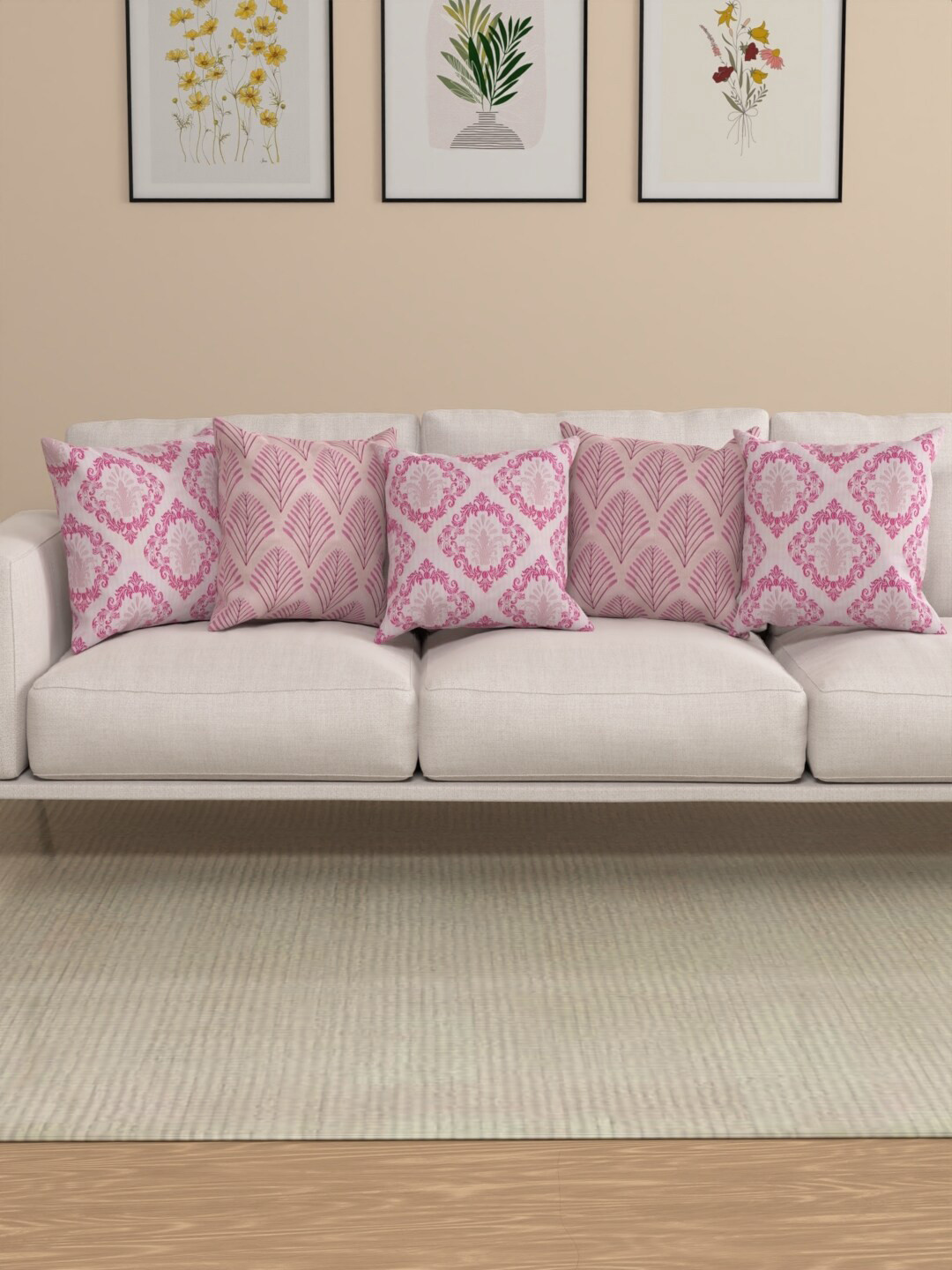 

ROSARA HOME Billy Pink & White 5 Pieces Ethnic Motifs Square Cushion Covers