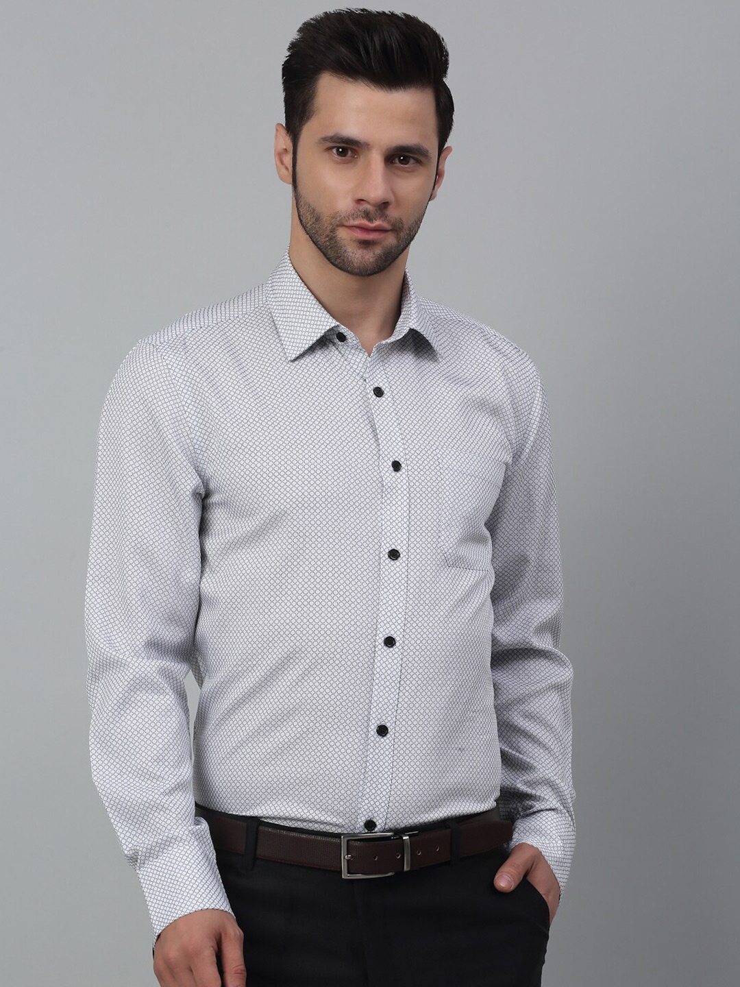 

MUTAQINOTI Comfort Micro Ditsy Printed Cotton Formal Shirt, White