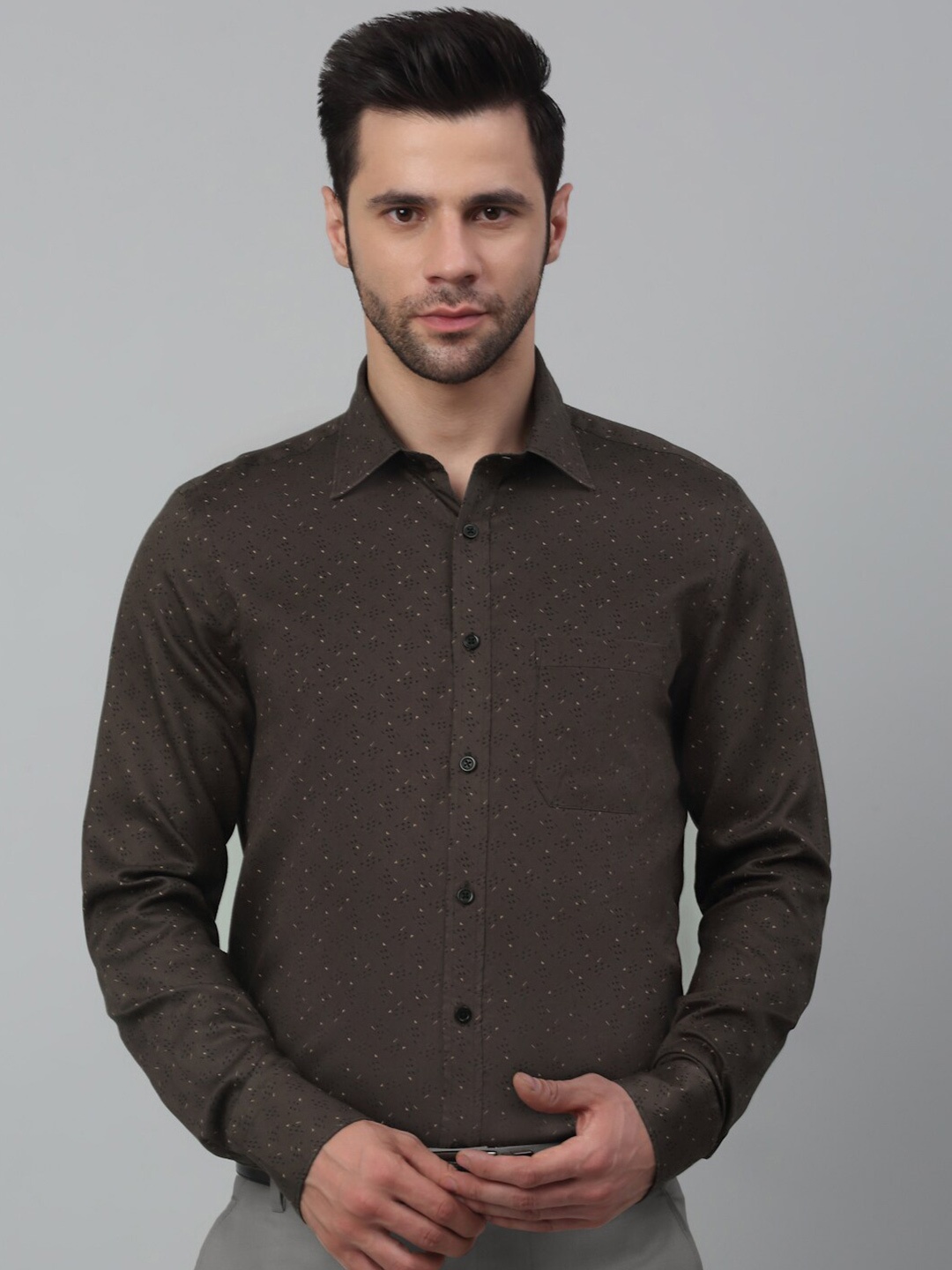 MUTAQINOTI Men Geometric Printed Cotton Comfort Opaque Formal Shirt, Brown