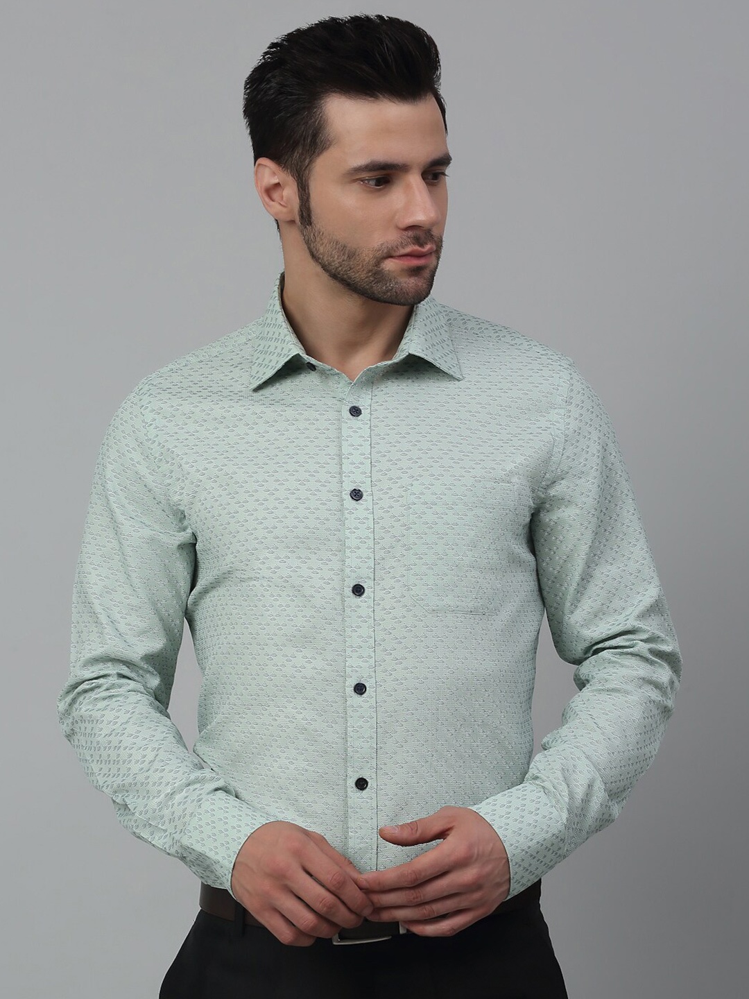 

MUTAQINOTI Comfort Micro Ditsy Printed Cotton Formal Shirt, Green