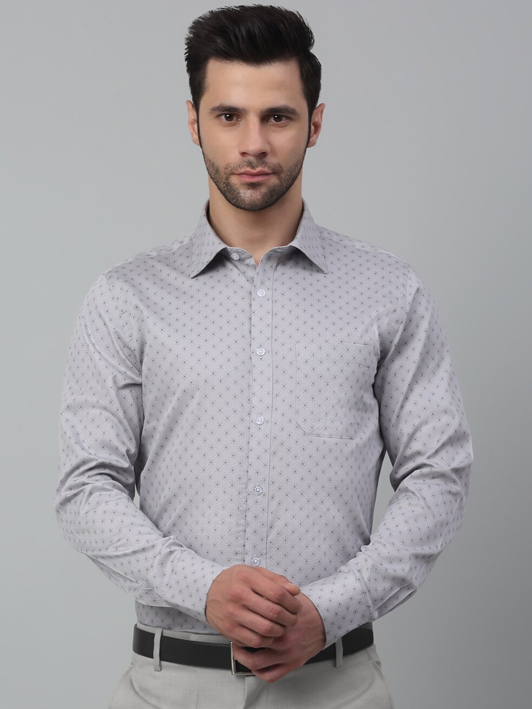 

MUTAQINOTI Men Geometric Printed Cotton Comfort Opaque Formal Shirt, Grey