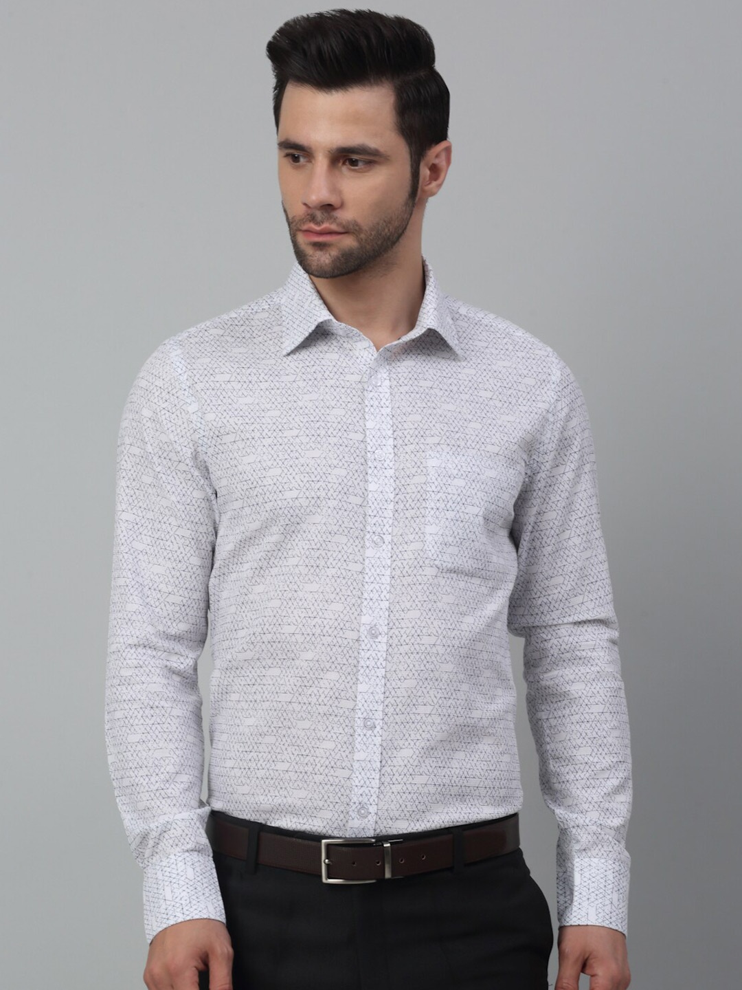 MUTAQINOTI Comfort Micro Ditsy Printed Cotton Formal Shirt, White