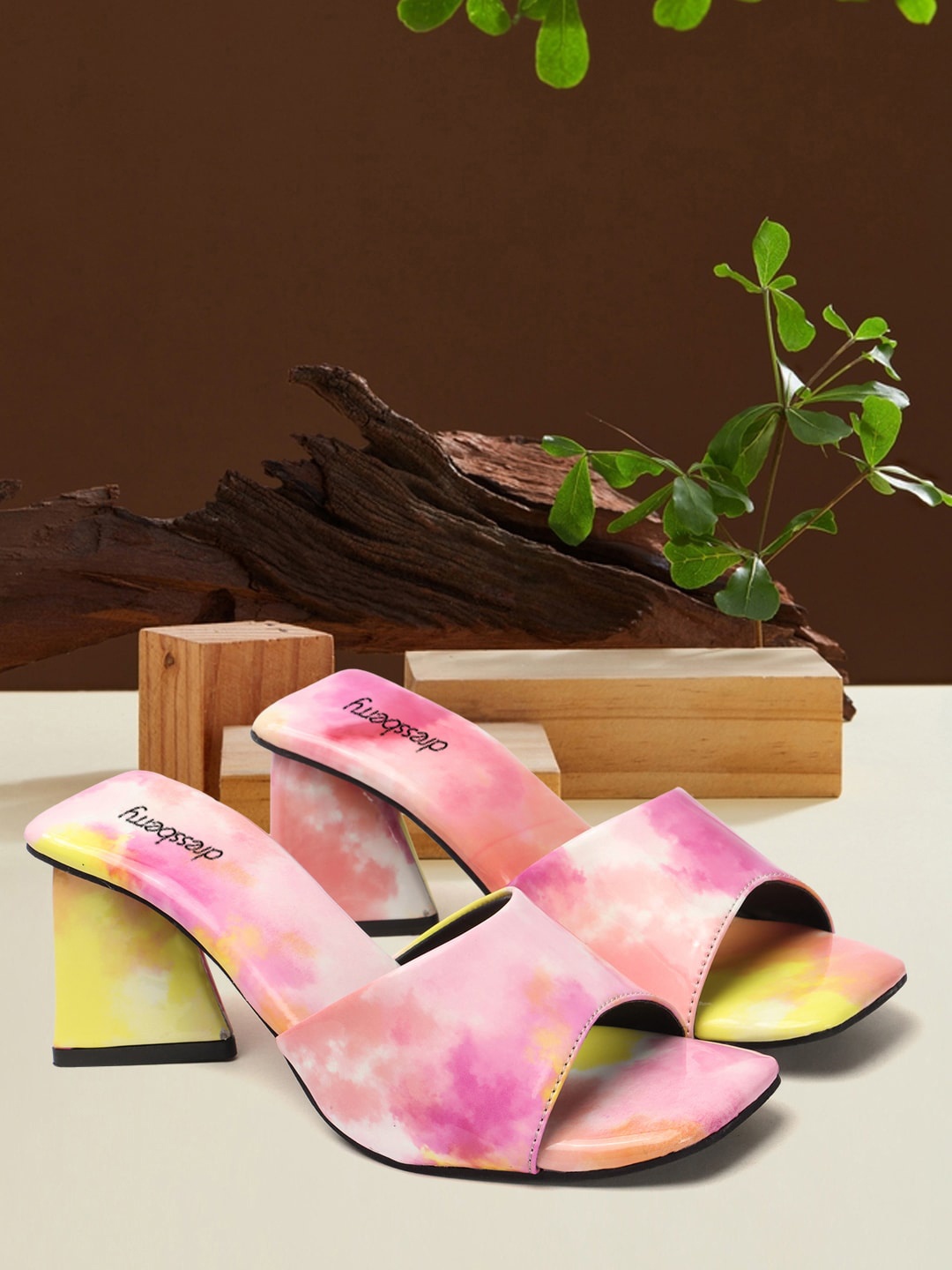 

DressBerry Pink & Yellow Printed Open Toe Block Heels