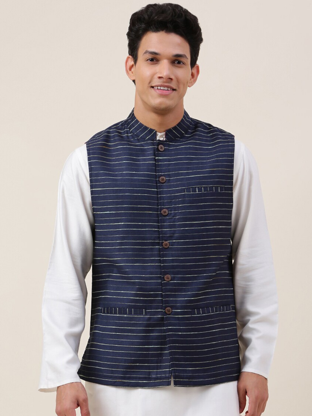 

Fabindia Striped Mandarin Collar Nehru Jackets, Navy blue