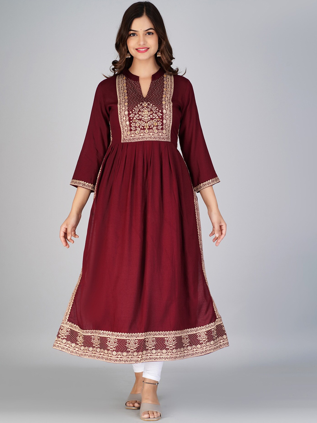 

KALINI Floral Printed Mirror Work Aline Kurta, Maroon
