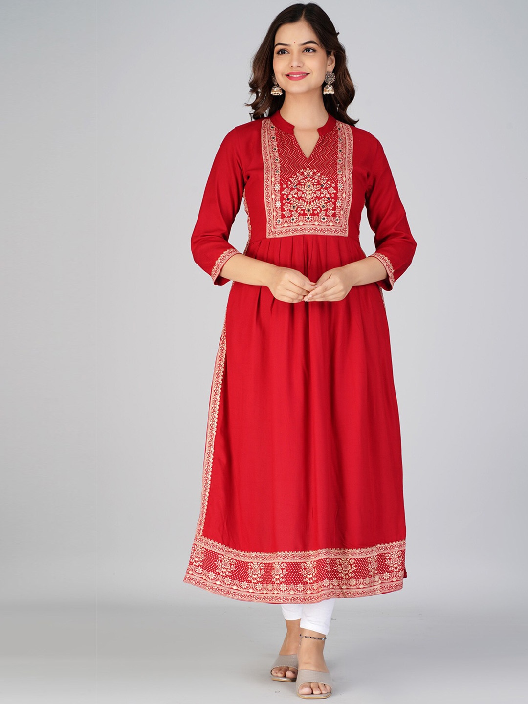 

KALINI Women Red Ethnic Motifs Yoke Design Mirror Work Anarkali Kurta