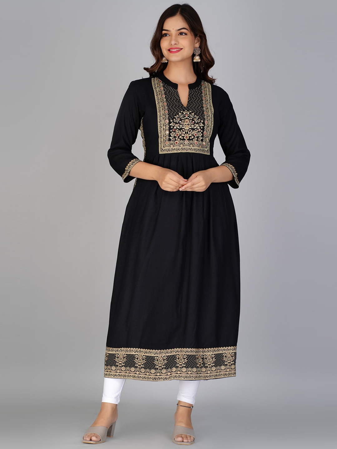 

KALINI Ethnic Motifs Yoke Design A-Line Kurta, Black