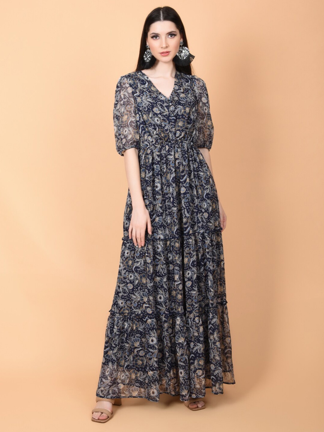 

FLAWLESS Ethnic Motifs Printed Chiffon Fit & Flare Maxi Dress, Navy blue