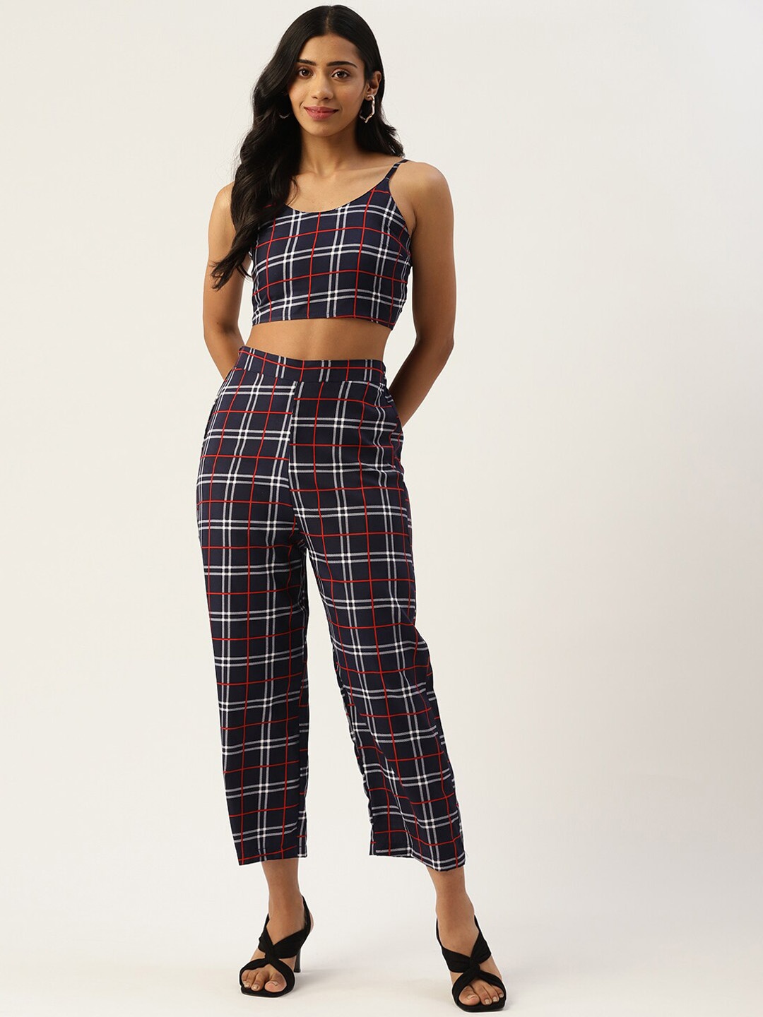 

Sleek Italia Checked Printed Top & Trouser Co-Ord, Navy blue