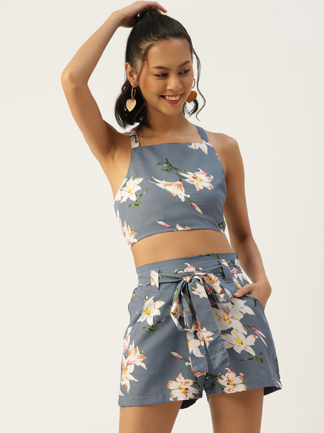

Sleek Italia Floral Printed Smocked Top With Shorts Co-Ords, Grey