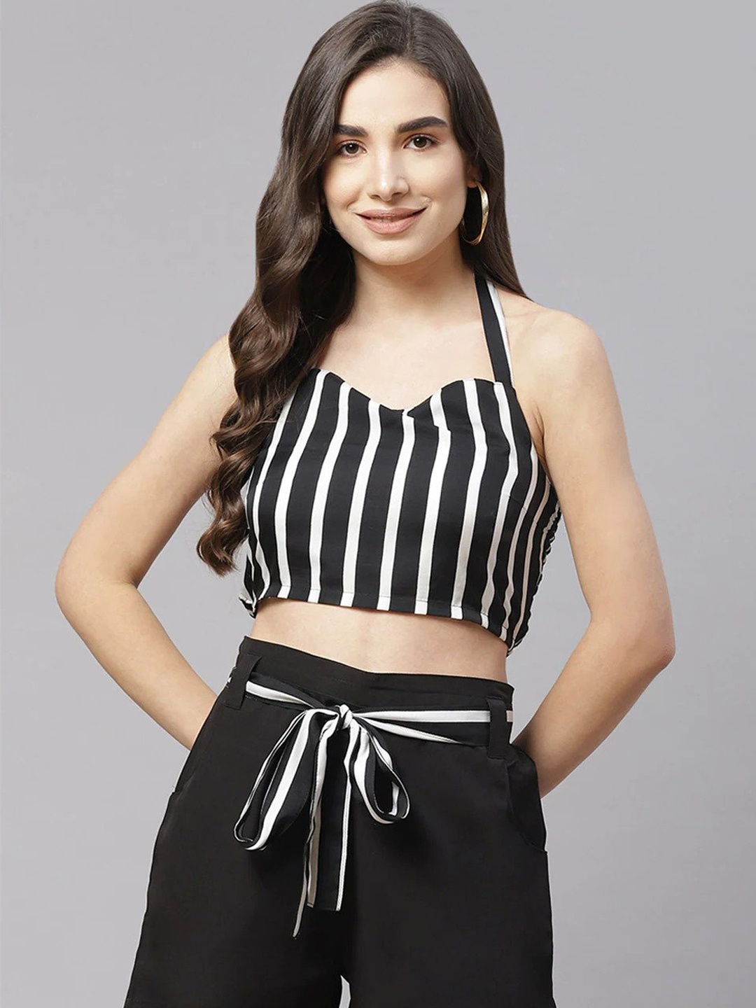 

Sleek Italia Striped Smocked Top With Shorts Co-Ords, Black
