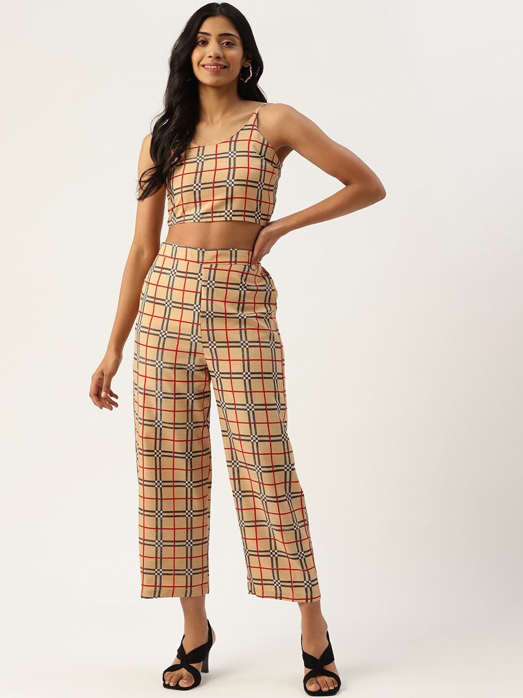 

Sleek Italia Checked Printed Top & Trousers Co-Ord, Beige