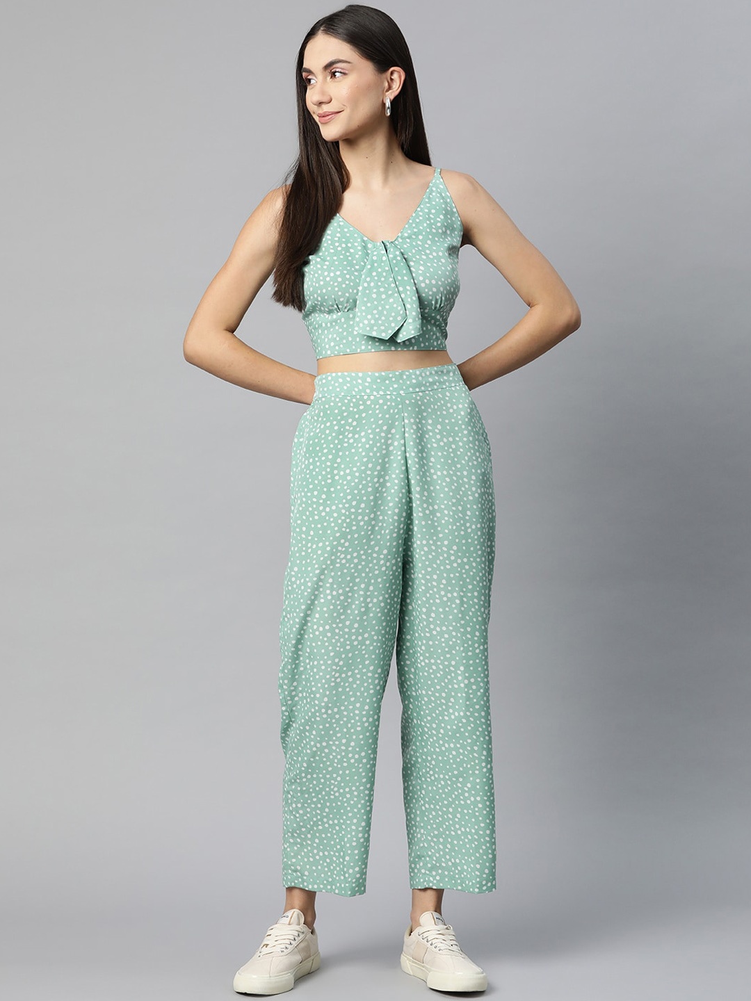 

Sleek Italia Polka Dot Printed Crop Top With Palazzos Co-Ords, Green