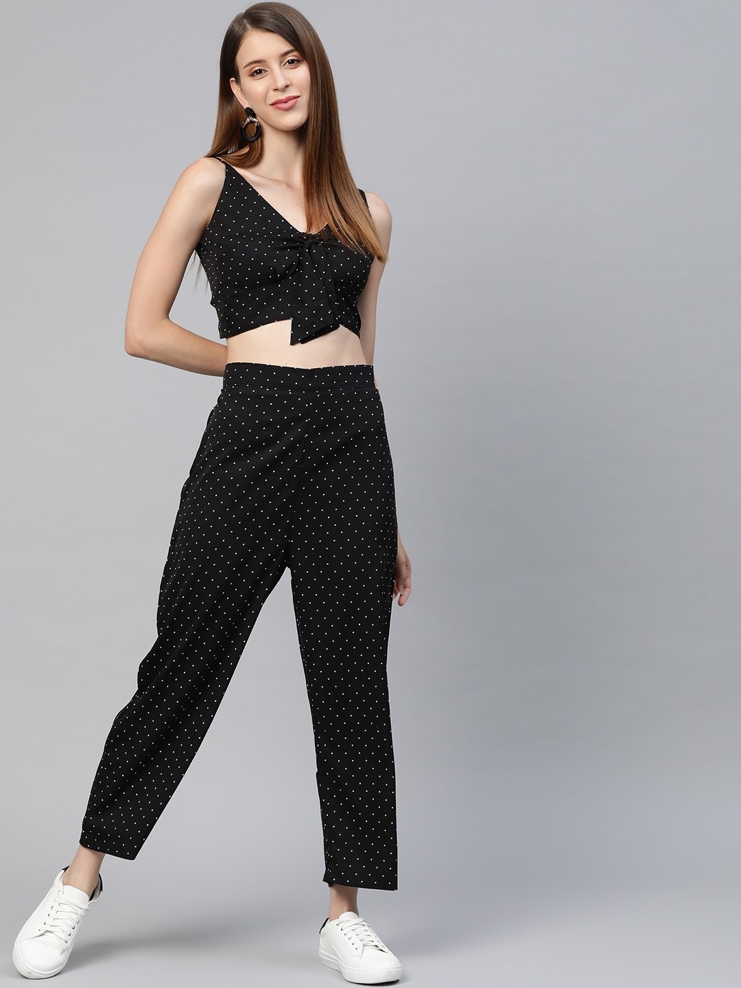 

Sleek Italia Polka Dots Printed Crop Top With Palazzos Co-Ords, Black