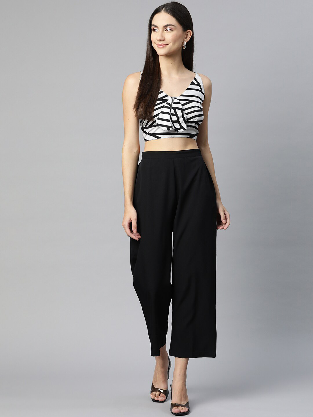 

Sleek Italia Striped Crop Top With Palazzos Co-Ords, Black