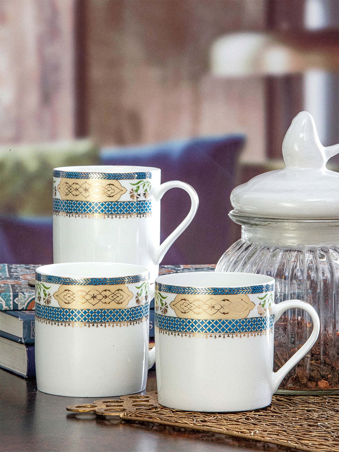 

SONAKI White & Blue 6 Pieces Printed Bone China Glossy Mugs - 220 ML Each