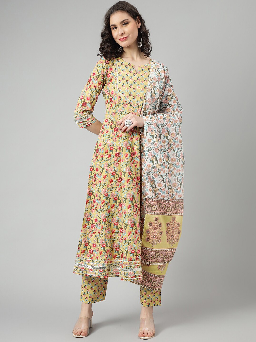 

KALINI Floral Printed Gotta Patti Anarkali Pure Cotton Kurta with Trousers & Dupatta, Mustard