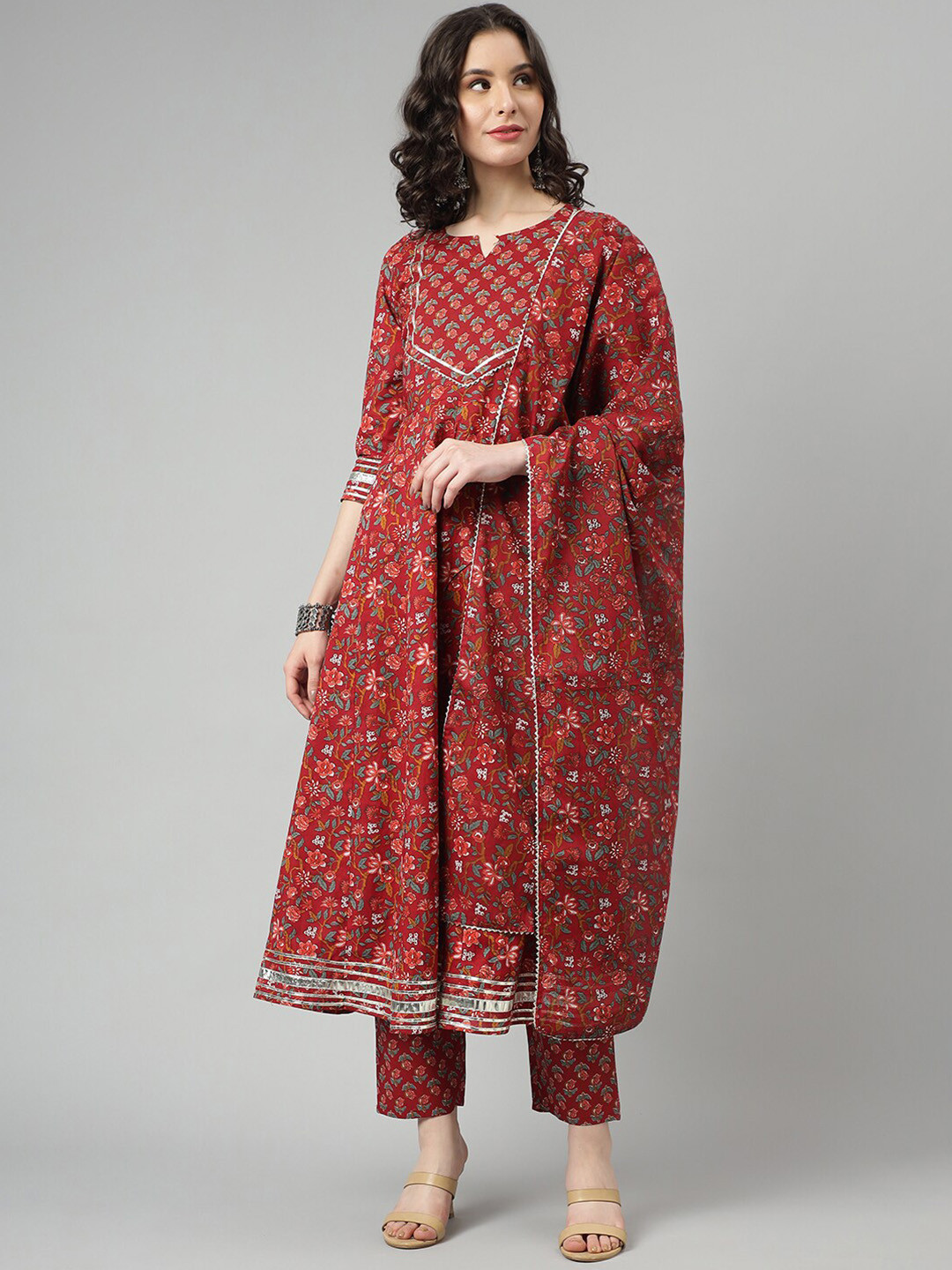 

KALINI Floral Printed Regular Pure Cotton Kurta with Trousers & Dupatta, Red