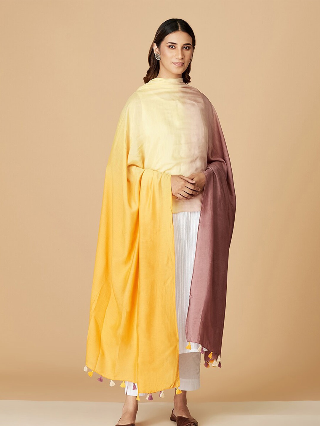 

Fabindia Ombre Tasselled Border Modal Dupatta, Yellow