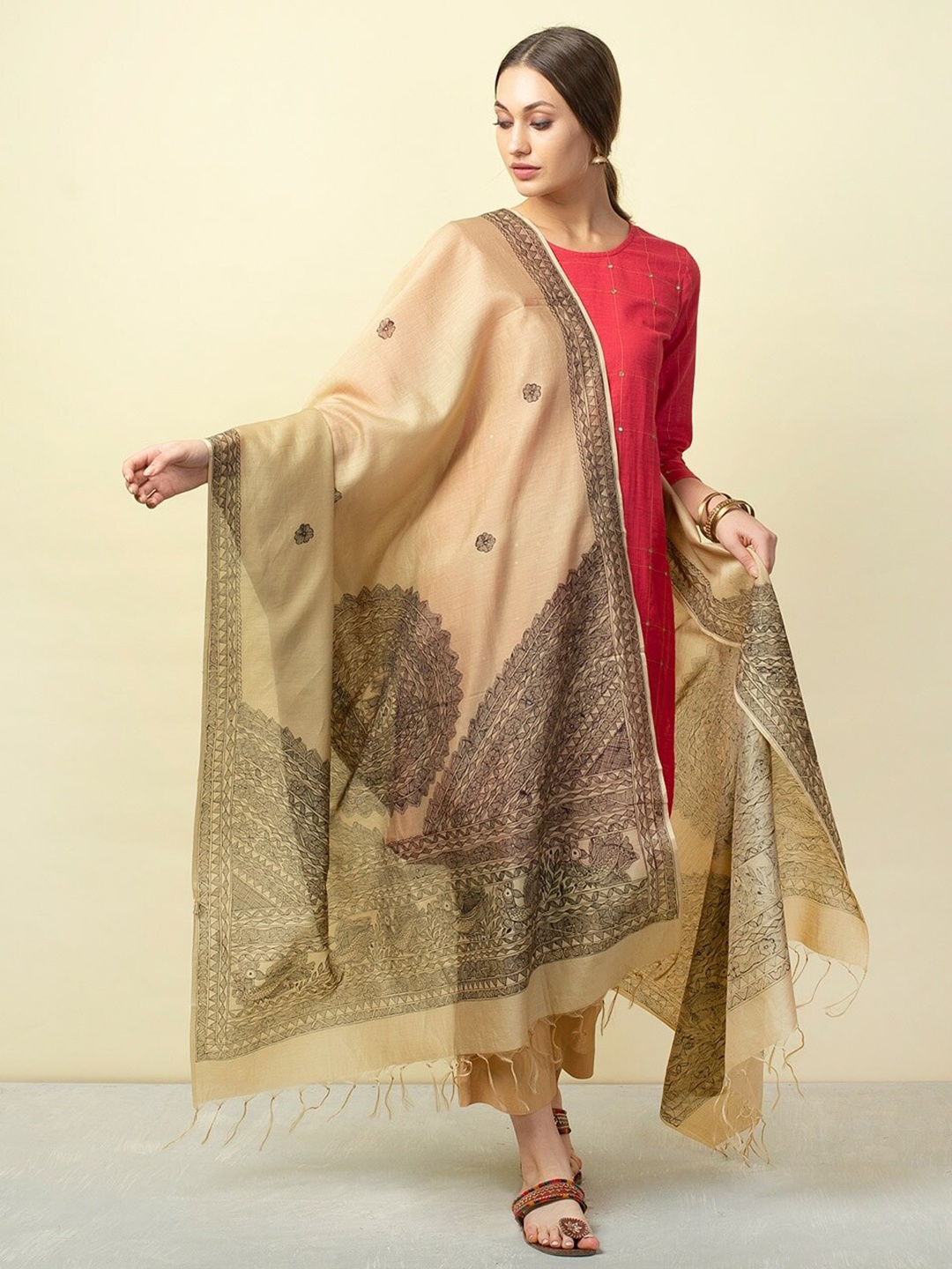 

Fabindia Ethnic Motifs Printed Cotton Silk Dupatta, Beige