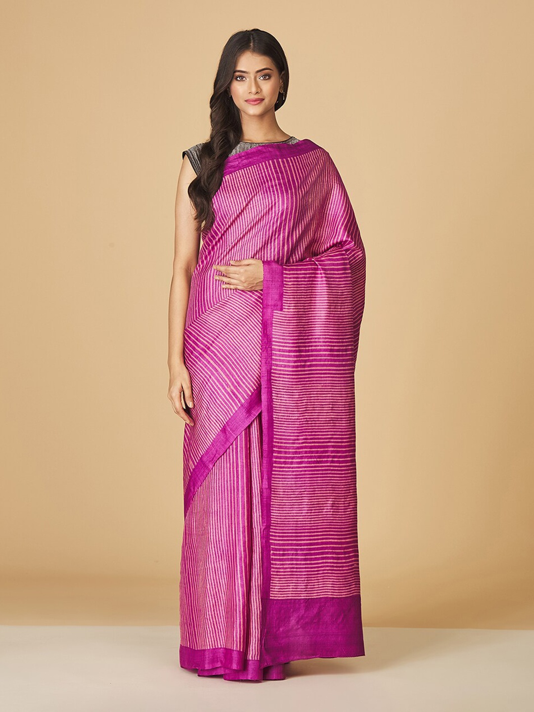 

Fabindia Striped Pure Silk Saree, Pink