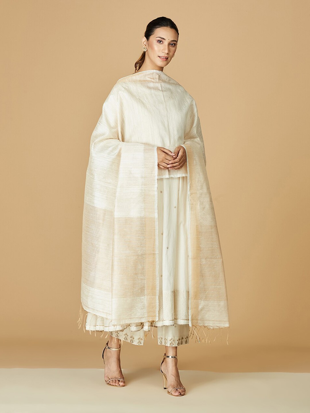 

Fabindia Horizontal Striped Dupatta with Zari, Off white