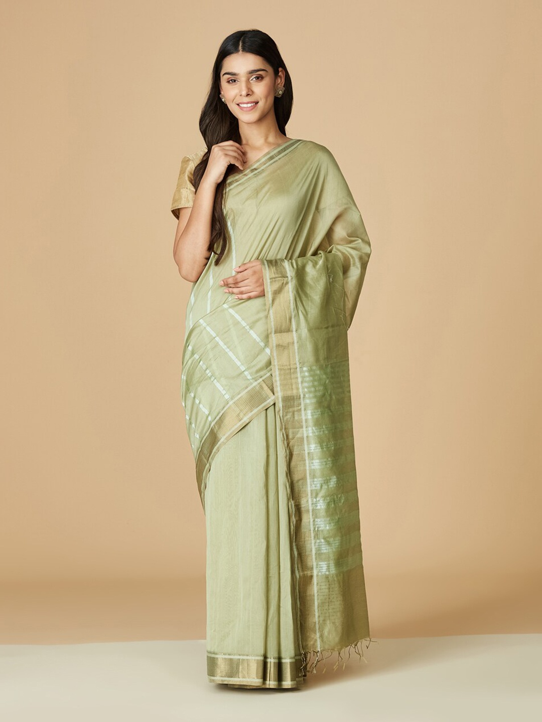 

Fabindia Striped Zari Silk Cotton Maheshwari Saree, Green
