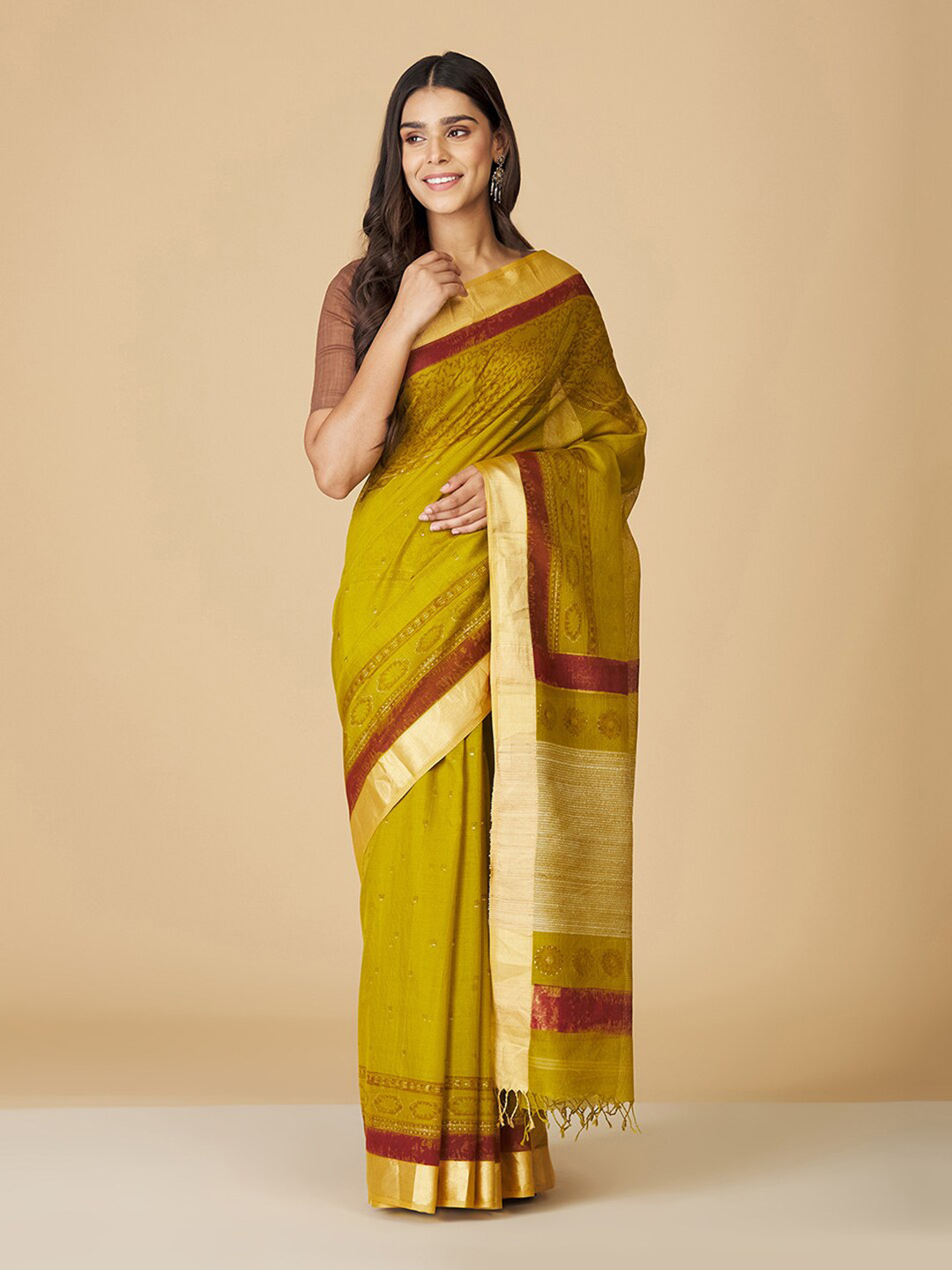 

Fabindia Abstract Zari Silk Cotton Block Print Saree, Green