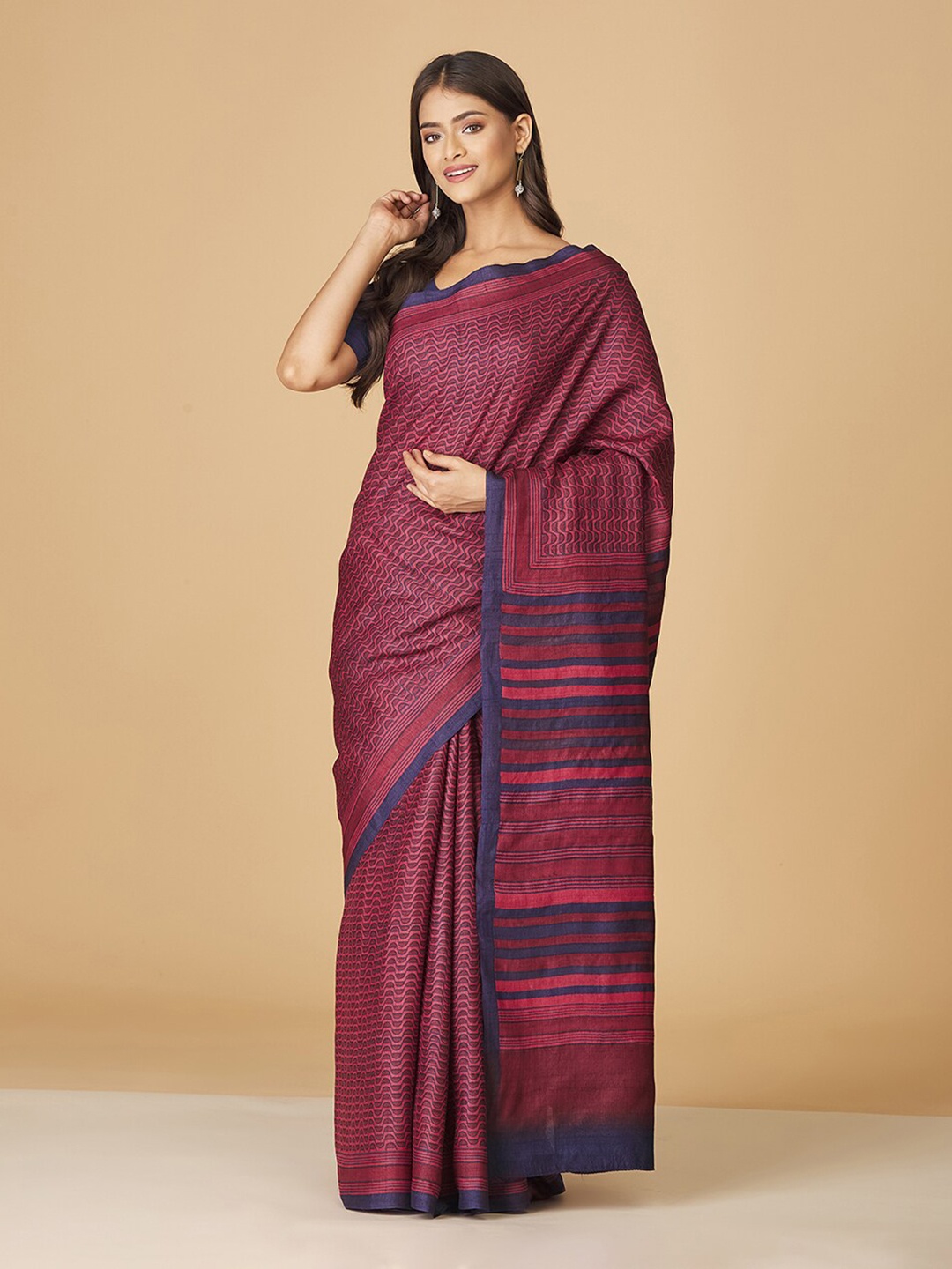 

Fabindia Geometric Printed Pure Silk Saree, Maroon