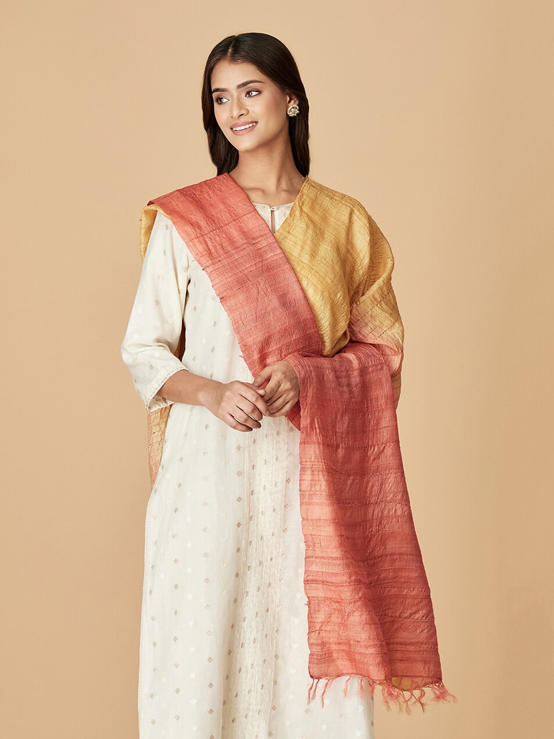 

Fabindia Colourblocked Silk Dupatta, Rust