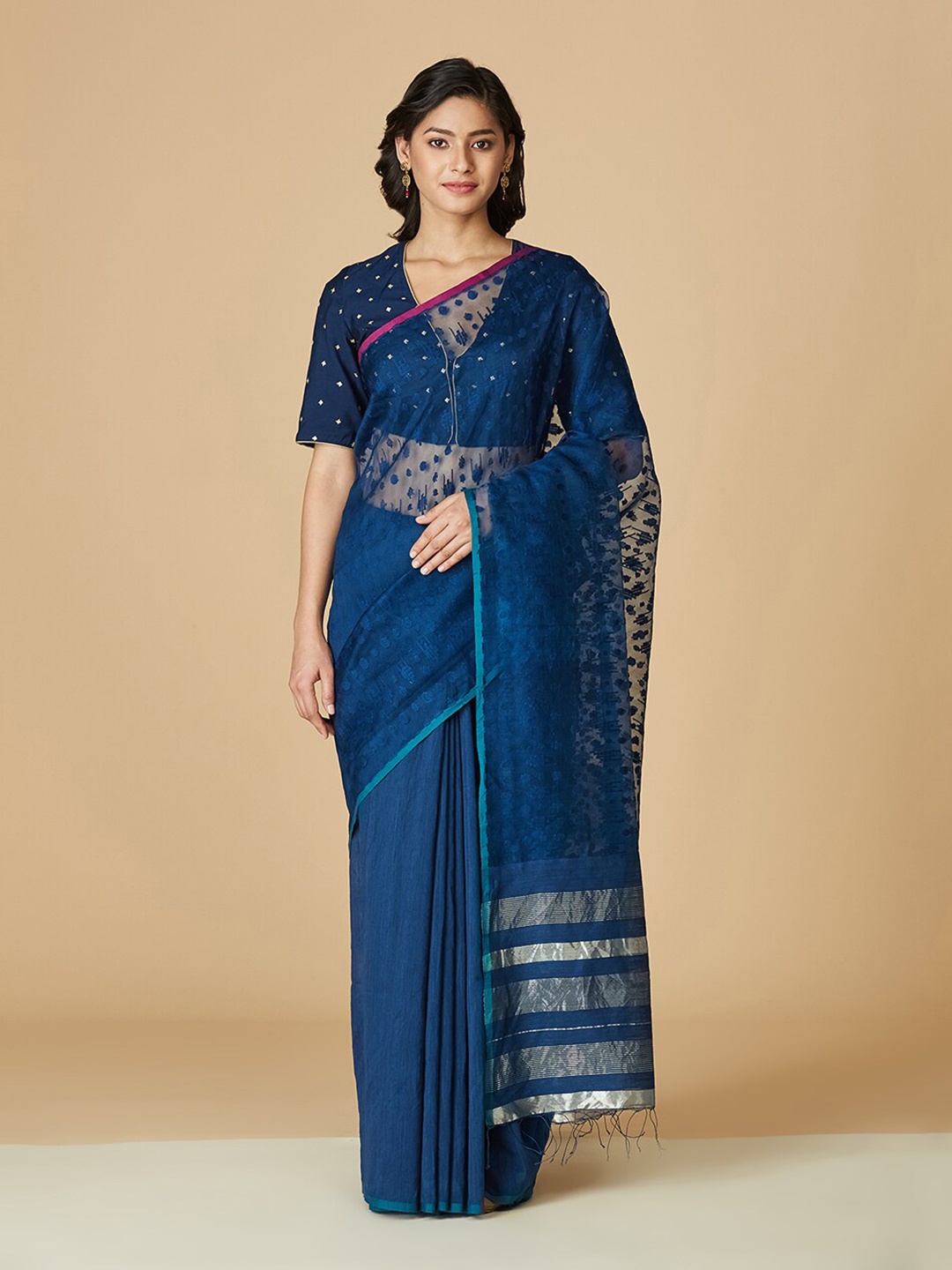 

Fabindia Ethnic Motif Woven Design Silk Cotton Saree, Navy blue