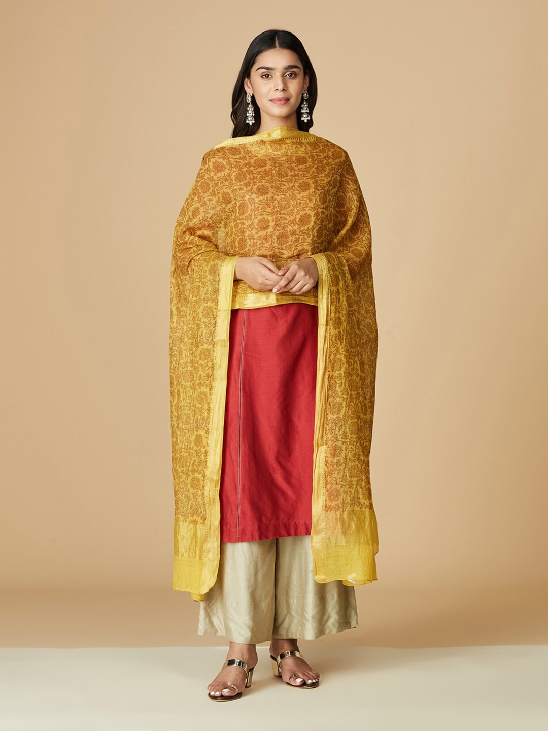 

Fabindia FabBasic Floral Printed Cotton Silk Dupatta, Yellow