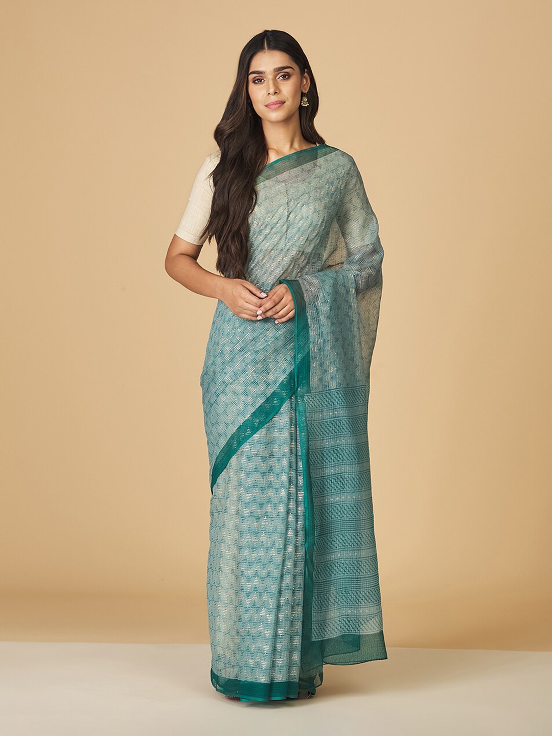 

Fabindia Geometric Silk Cotton Block Print Saree, Turquoise blue