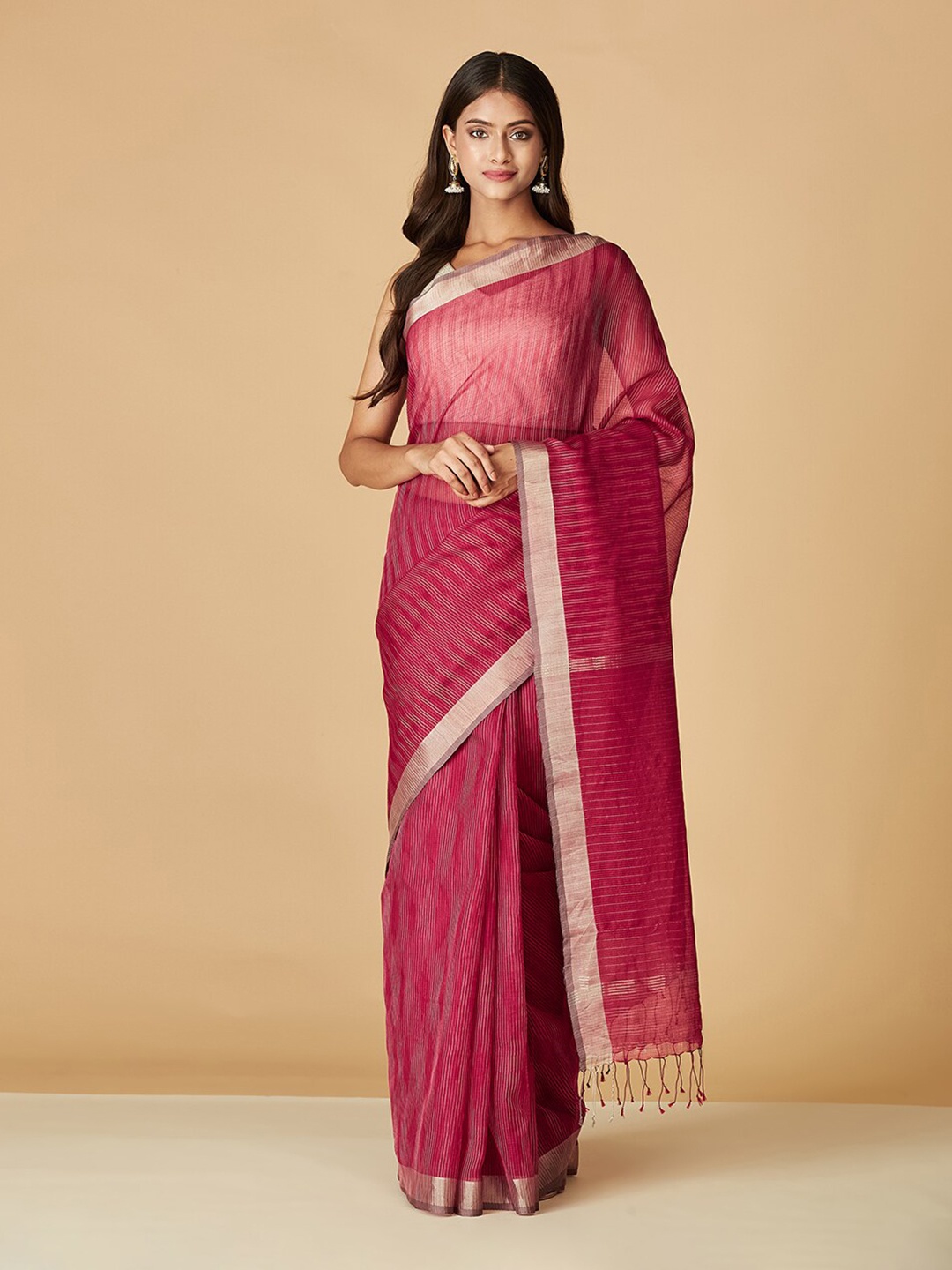 

Fabindia Striped Zari Silk Cotton Saree, Pink