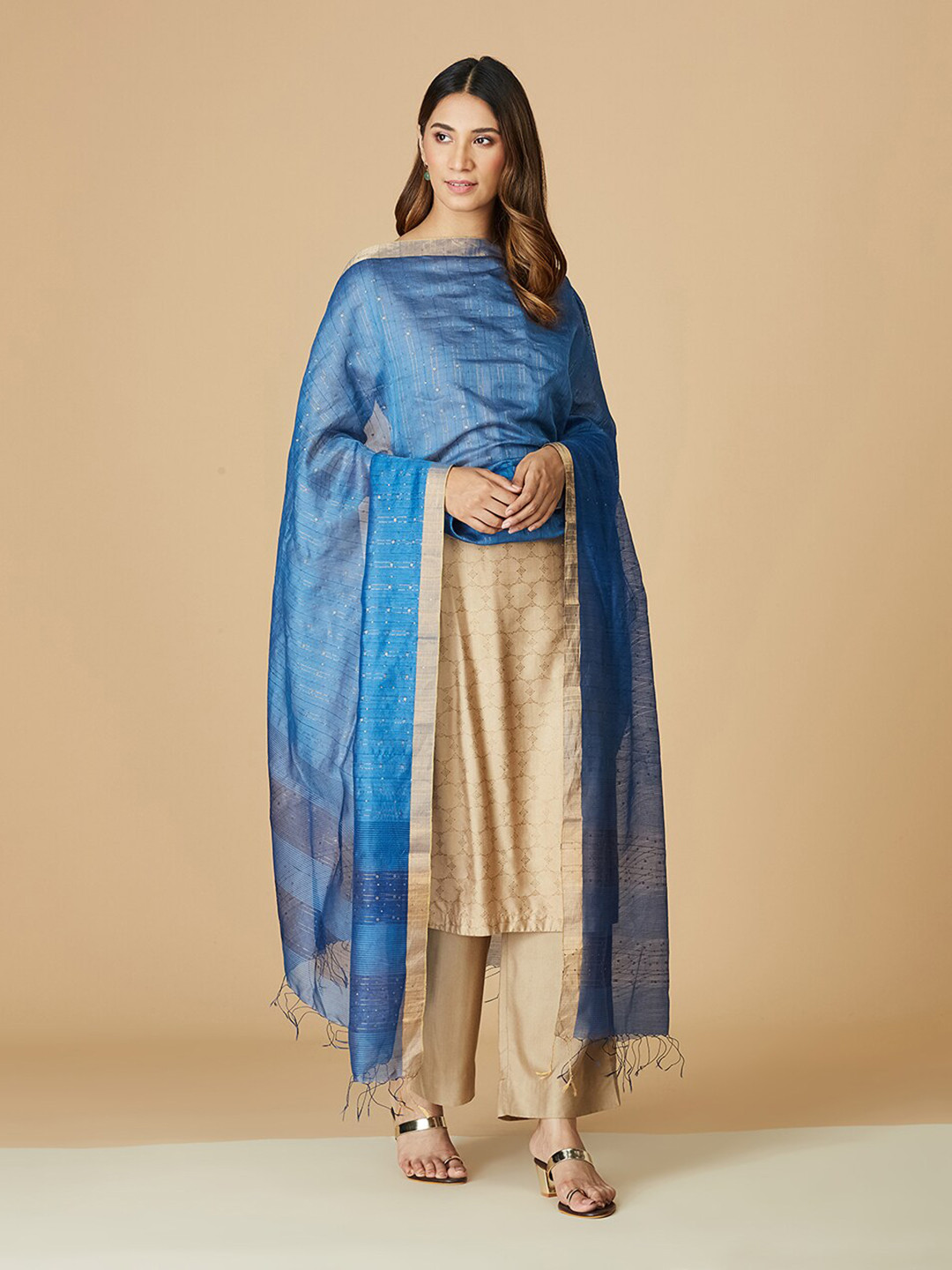 

Fabindia Woven Design Sequinned Detail Dupatta, Navy blue