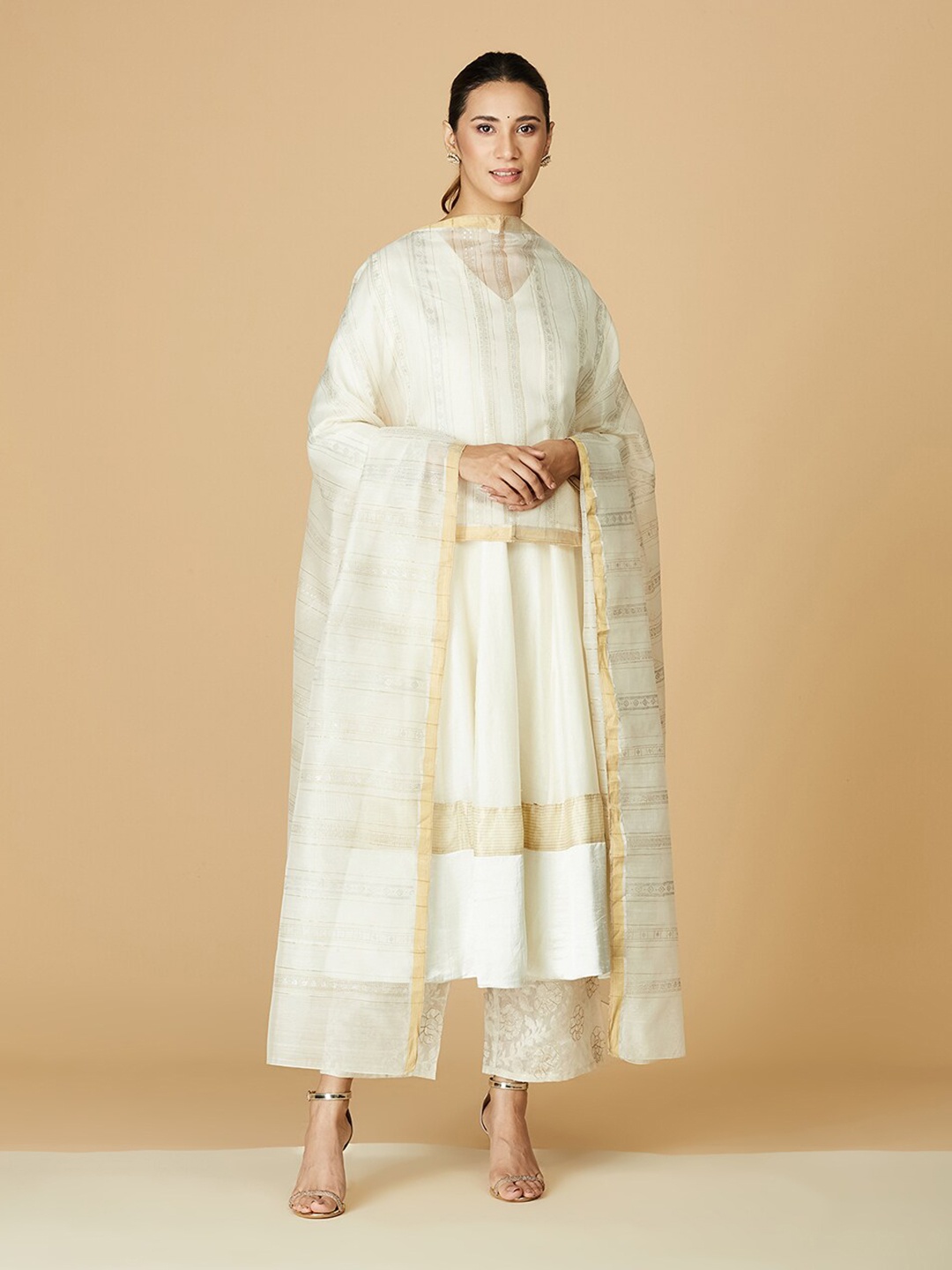 

Fabindia Striped Zari Cotton Silk Dupatta, Off white