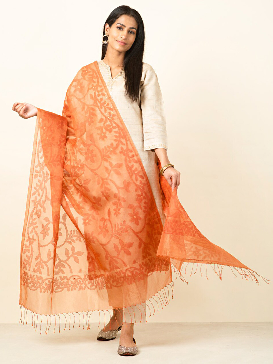 

Fabindia Floral Woven Design Dupatta With Tasselled, Rust