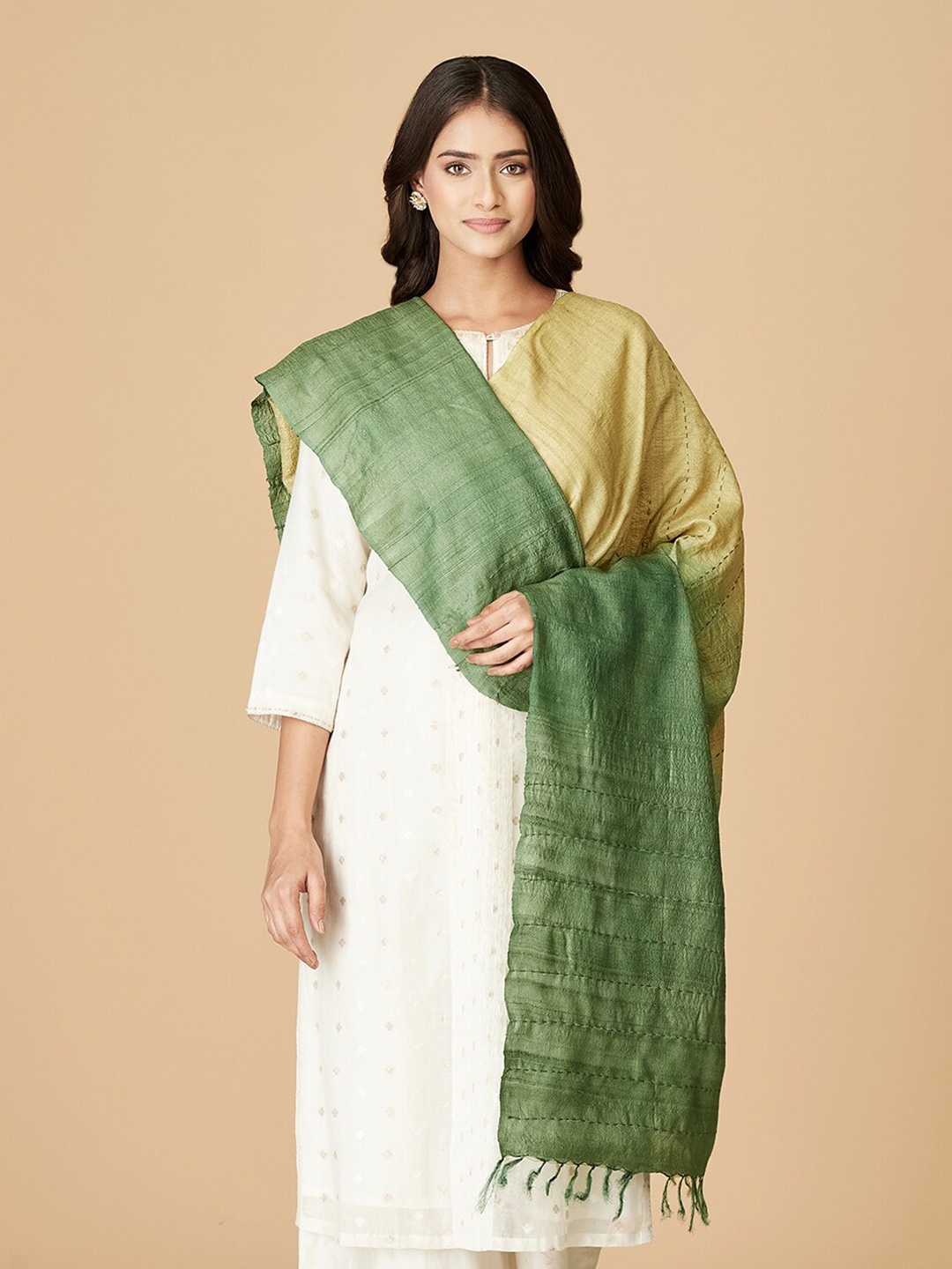 

Fabindia Colourblocked Silk Dupatta, Green