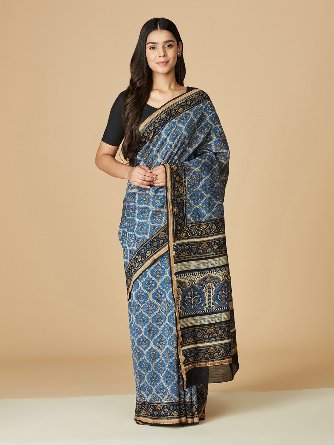 

Fabindia Ethnic Motifs Printed Zari Silk Cotton Bagru Saree, Blue