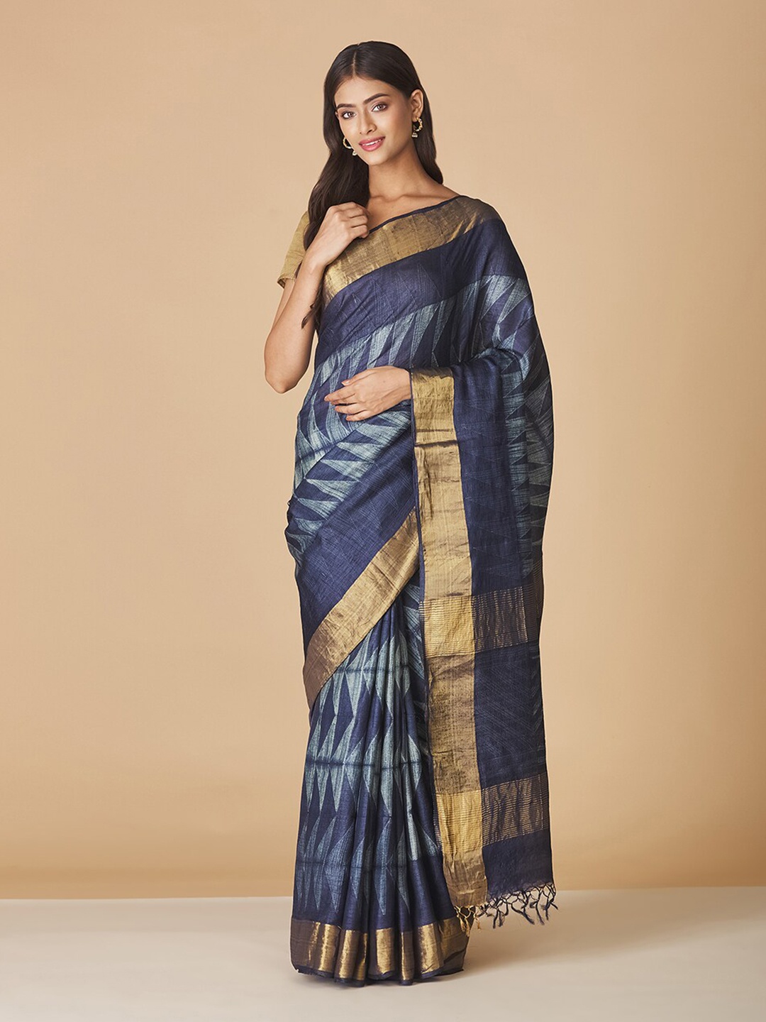 

Fabindia Geometric Printed Zari Pure Silk Saree, Blue
