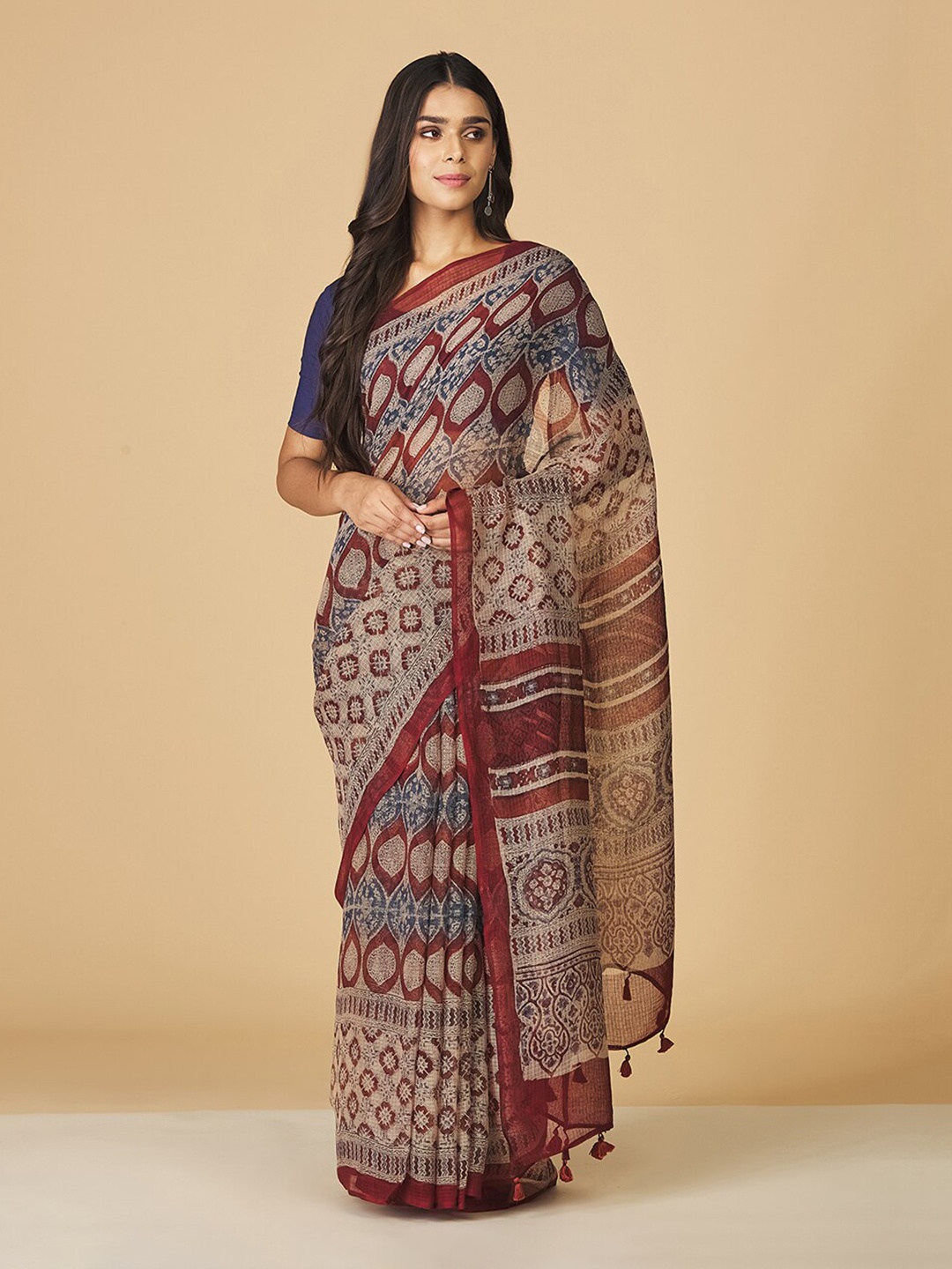 

Fabindia Ajrak Printed Silk Cotton Saree, Maroon