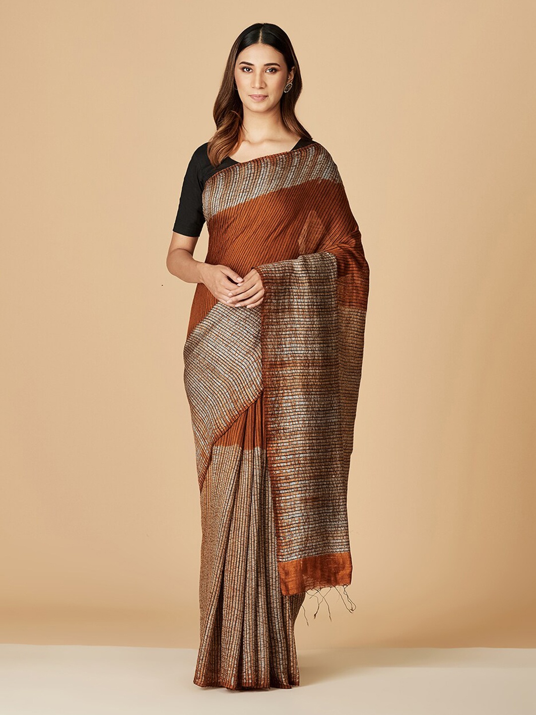 

Fabindia Striped Pure Silk Saree, Mustard