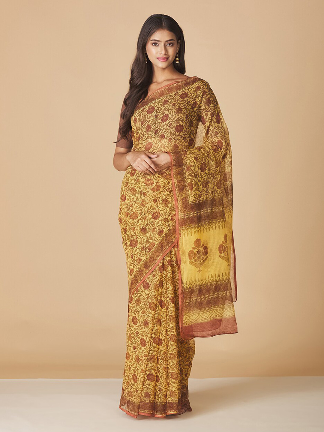 

Fabindia Floral Printed Silk Cotton Block Print Saree, Yellow