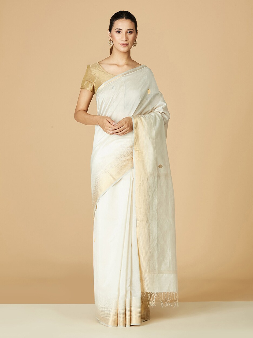

Fabindia Woven Design Zari Silk Cotton Maheshwari Saree, White