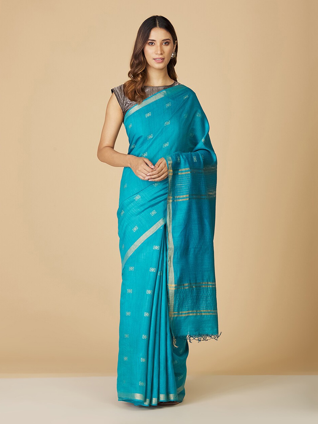 

Fabindia Floral Woven Design Zari Pure Silk Saree, Turquoise blue