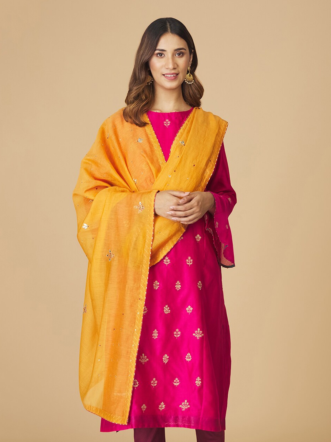 

Fabindia Embroidered Cotton Silk Dupatta with Sequinned, Yellow