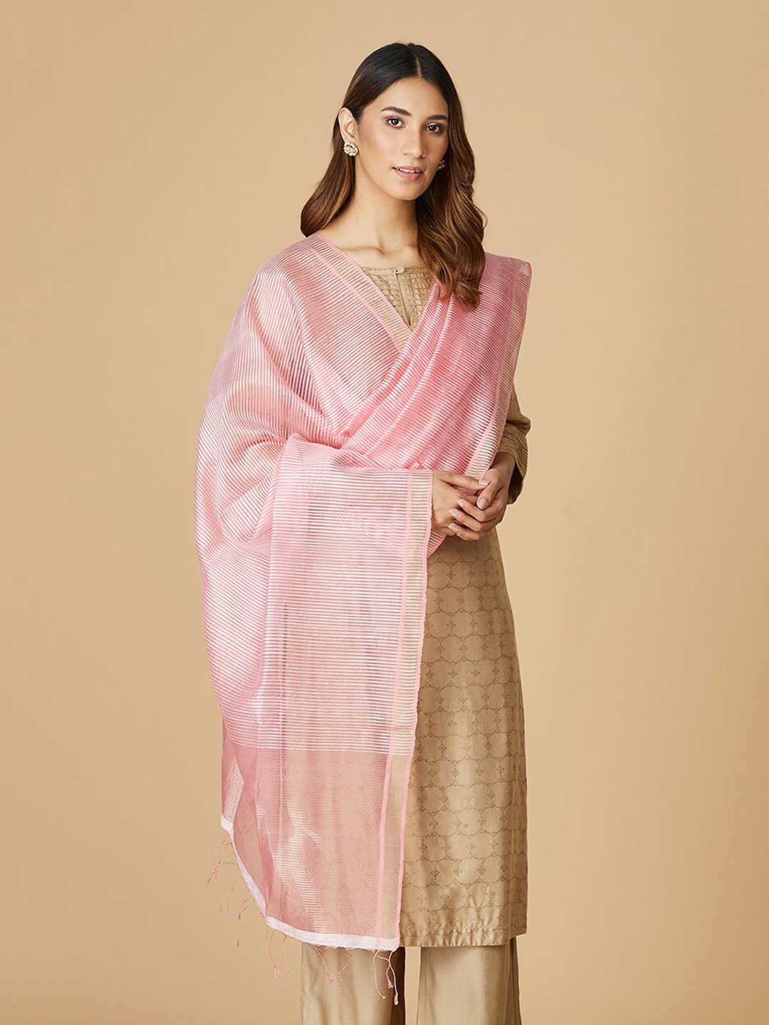 

Fabindia Striped Silk Dupatta, Pink